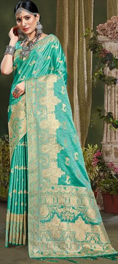 Reception, Traditional Blue color Saree in Banarasi Silk, Silk fabric with South Weaving, Zari work : 1896356