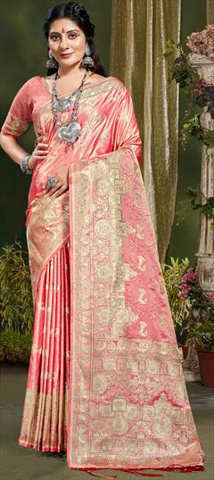 Reception, Traditional Pink and Majenta color Saree in Banarasi Silk, Silk fabric with South Weaving, Zari work : 1896358
