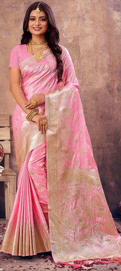 Reception, Traditional Pink and Majenta color Saree in Banarasi Silk, Silk fabric with South Weaving, Zari work : 1896403