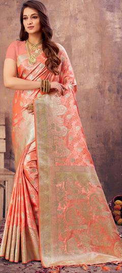 Reception, Traditional Pink and Majenta color Saree in Banarasi Silk, Silk fabric with South Weaving, Zari work : 1896404