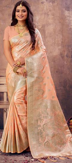 Reception, Traditional Pink and Majenta color Saree in Banarasi Silk, Silk fabric with South Weaving, Zari work : 1896405