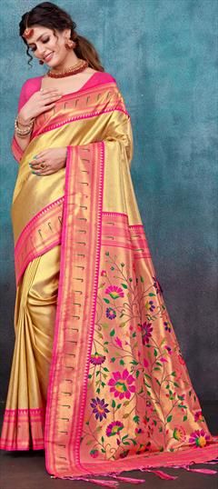 Reception, Traditional Gold, Pink and Majenta color Saree in Art Silk, Silk fabric with South Weaving work : 1896409