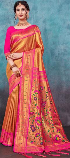 Reception, Traditional Gold, Pink and Majenta color Saree in Art Silk, Silk fabric with South Weaving work : 1896416