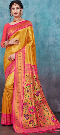 Reception, Traditional Gold, Pink and Majenta color Saree in Art Silk, Silk fabric with South Weaving work : 1896426