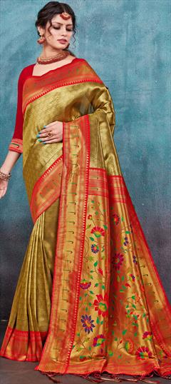 Reception, Traditional Gold, Red and Maroon color Saree in Art Silk, Silk fabric with South Weaving work : 1896428