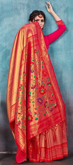 Reception, Traditional Gold, Red and Maroon color Saree in Art Silk, Silk fabric with South Weaving work : 1896429