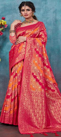 Traditional, Wedding Pink and Majenta, Yellow color Saree in Banarasi Silk, Silk fabric with South Weaving work : 1896455