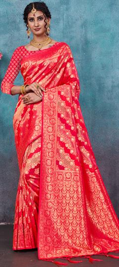 Traditional, Wedding Red and Maroon color Saree in Banarasi Silk, Silk fabric with South Weaving work : 1896459