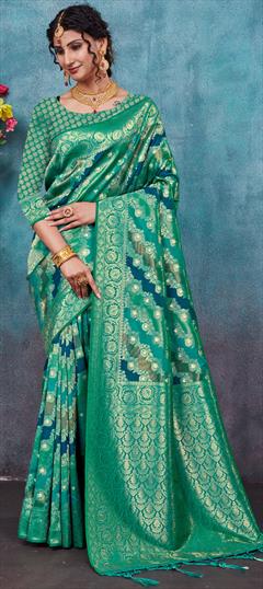 Traditional, Wedding Blue color Saree in Banarasi Silk, Silk fabric with South Weaving work : 1896461