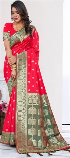 Party Wear, Traditional Red and Maroon color Saree in Banarasi Silk, Silk fabric with South Weaving, Zari work : 1896469