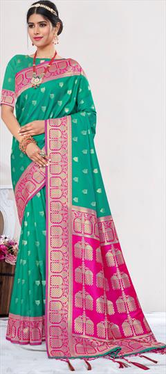 Party Wear, Traditional Green color Saree in Banarasi Silk, Silk fabric with South Weaving, Zari work : 1896470