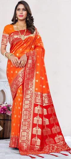 Party Wear, Traditional Orange color Saree in Banarasi Silk, Silk fabric with South Weaving, Zari work : 1896471