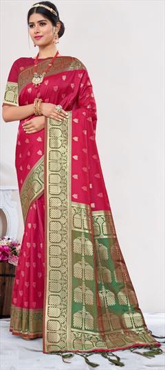Party Wear, Traditional Pink and Majenta color Saree in Banarasi Silk, Silk fabric with South Weaving, Zari work : 1896472