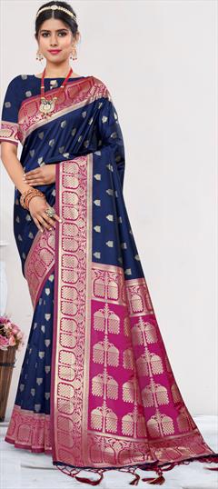 Party Wear, Traditional Blue color Saree in Banarasi Silk, Silk fabric with South Weaving, Zari work : 1896474