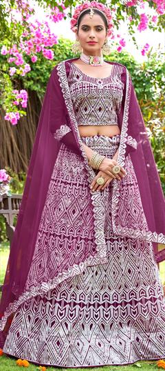 Festive, Party Wear, Reception Purple and Violet color Lehenga in Net fabric with A Line Embroidered, Resham, Sequence work : 1896475