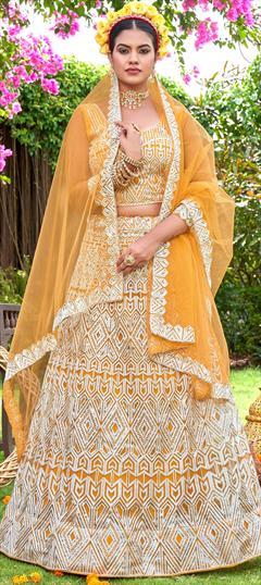 Festive, Party Wear, Reception Yellow color Lehenga in Net fabric with A Line Embroidered, Resham, Sequence work : 1896476