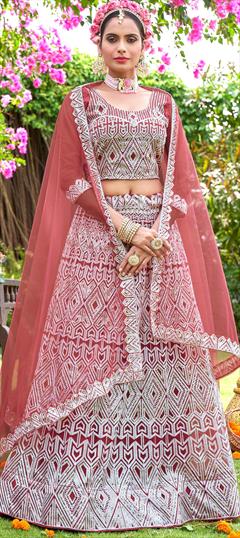Festive, Party Wear, Reception Pink and Majenta color Lehenga in Net fabric with A Line Embroidered, Resham, Sequence work : 1896477