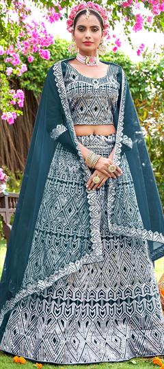 Festive, Party Wear, Reception Blue color Lehenga in Net fabric with A Line Embroidered, Resham, Sequence work : 1896478