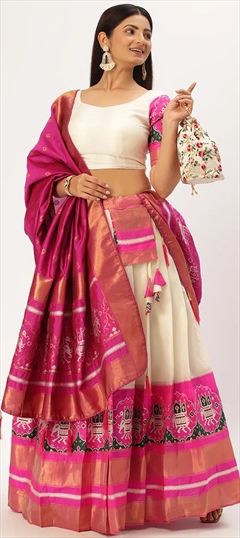 Party Wear, Reception White and Off White color Lehenga in Litchi Silk fabric with A Line Printed work : 1896486