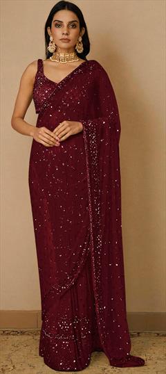 Party Wear, Reception Red and Maroon color Saree in Net fabric with Classic Embroidered, Sequence, Thread work : 1896498