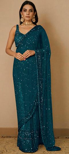 Party Wear, Reception Blue color Saree in Net fabric with Classic Embroidered, Sequence, Thread work : 1896499
