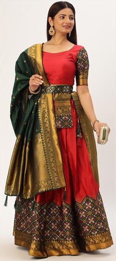 Party Wear, Traditional Green, Red and Maroon color Lehenga in Art Silk fabric with Straight Printed, Weaving work : 1896506
