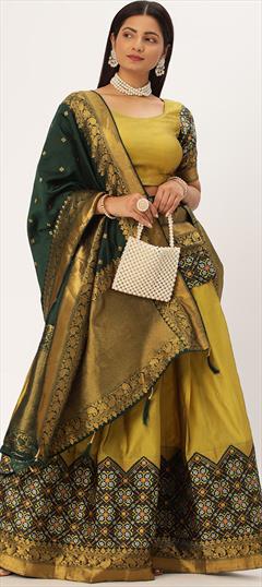 Party Wear, Traditional Gold color Lehenga in Art Silk fabric with Straight Printed, Weaving work : 1896513