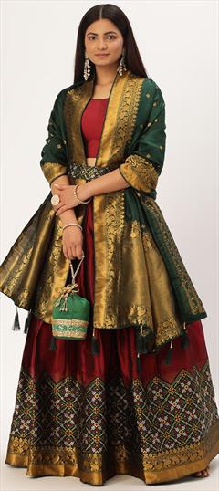 Party Wear, Traditional Red and Maroon color Lehenga in Art Silk fabric with Straight Printed, Weaving work : 1896515