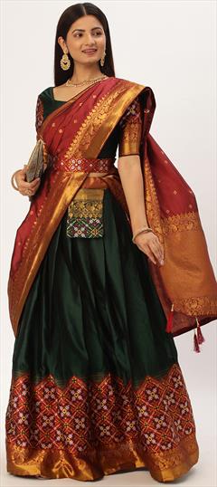 Party Wear, Traditional Green color Lehenga in Art Silk fabric with Straight Printed, Weaving work : 1896519