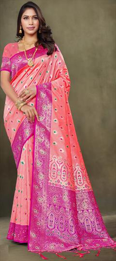 Party Wear, Traditional Pink and Majenta color Saree in Banarasi Silk, Silk fabric with South Weaving, Zari work : 1896522