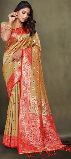 Party Wear, Traditional Gold color Saree in Banarasi Silk, Silk fabric with South Weaving, Zari work : 1896542