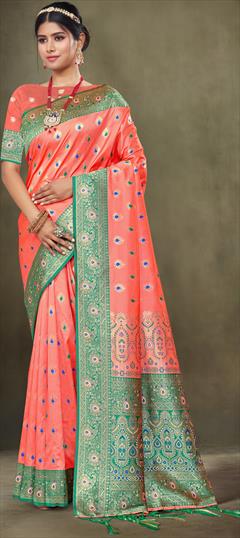 Party Wear, Traditional Pink and Majenta color Saree in Banarasi Silk, Silk fabric with South Weaving, Zari work : 1896543