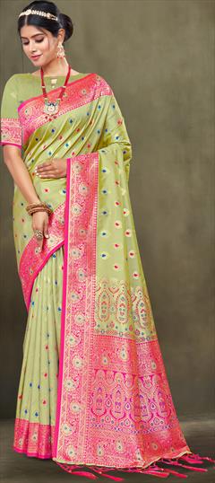 Party Wear, Traditional Green color Saree in Banarasi Silk, Silk fabric with South Weaving, Zari work : 1896544