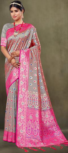 Party Wear, Traditional Black and Grey color Saree in Banarasi Silk, Silk fabric with South Weaving, Zari work : 1896545
