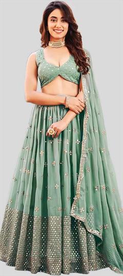Festive, Reception, Wedding Green color Lehenga in Georgette fabric with Flared Embroidered, Sequence, Thread, Zari work : 1896549