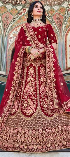 Bridal, Wedding Red and Maroon color Lehenga in Velvet fabric with Flared Embroidered, Thread, Zari, Zircon work : 1896620