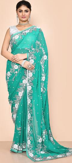 Bridal, Wedding Green color Saree in Georgette fabric with Classic Cut Dana, Sequence, Stone work : 1896849