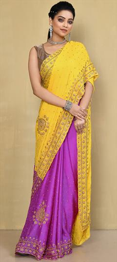 Bridal, Wedding Pink and Majenta, Yellow color Saree in Georgette fabric with Classic Cut Dana, Stone work : 1896851