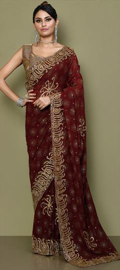 Bridal, Wedding Beige and Brown color Saree in Georgette fabric with Classic, Half and Half Cut Dana, Stone work : 1896852