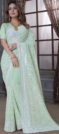 Engagement, Mehendi Sangeet, Reception Green color Saree in Georgette fabric with Classic Embroidered, Resham, Sequence, Thread work : 1896876