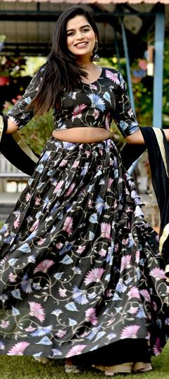 Engagement, Mehendi Sangeet, Reception Black and Grey color Long Lehenga Choli in Art Silk fabric with A Line Embroidered, Printed, Sequence work : 1896967