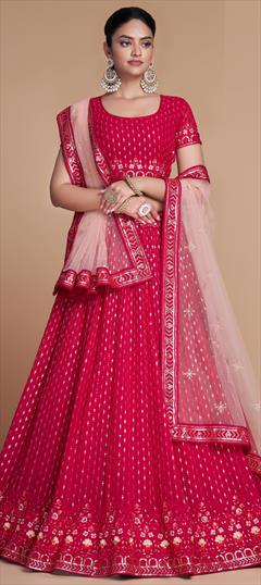 Engagement, Mehendi Sangeet, Wedding Pink and Majenta color Lehenga in Georgette fabric with Flared Embroidered, Sequence, Thread work : 1897004