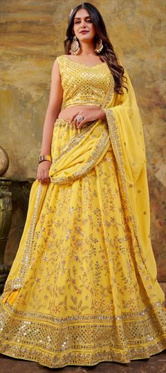 Party Wear, Reception Yellow color Lehenga in Georgette fabric with Flared Embroidered, Sequence, Thread work : 1897068