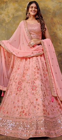 Party Wear, Reception Pink and Majenta color Lehenga in Georgette fabric with Flared Embroidered, Sequence, Thread work : 1897069