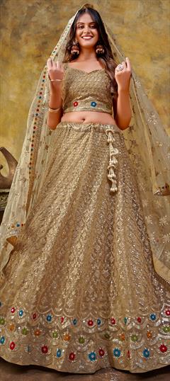 Party Wear, Reception Beige and Brown color Lehenga in Net fabric with Flared Embroidered, Sequence, Thread work : 1897070