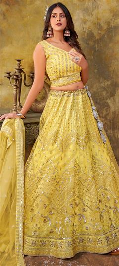 Party Wear, Reception Yellow color Lehenga in Net fabric with Flared Embroidered, Sequence, Thread work : 1897072
