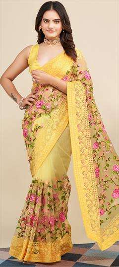 Party Wear, Reception Yellow color Saree in Net fabric with Classic Embroidered, Resham, Thread work : 1897075
