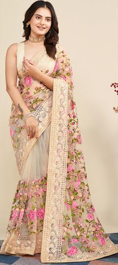 Party Wear, Reception Beige and Brown color Saree in Net fabric with Classic Embroidered, Resham, Thread work : 1897076