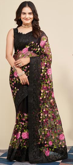 Party Wear, Reception Black and Grey color Saree in Net fabric with Classic Embroidered, Resham, Thread work : 1897078