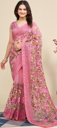 Party Wear, Reception Pink and Majenta color Saree in Net fabric with Classic Embroidered, Resham, Thread work : 1897079